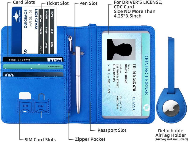 WALNEW AirTag Passport Holder, PU Leather Airtag Wallet RFID Blocking Passport Cover Travel Essentials Case for Women Men (Blue) - Image 2